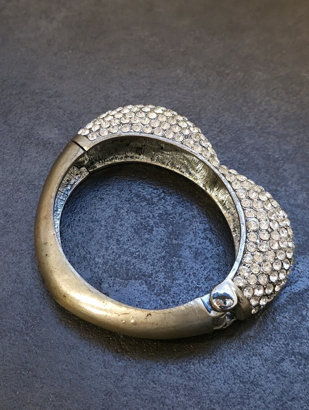 Y2k Heart Rhinestone Clamper Bracelet | Couture Silver Tone Bracelet